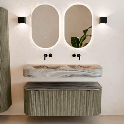MONDIAZ THOR-DLUX 120cm badmeubel ronding links + rechts kleur Shadow met 1 lade en 2 deuren. Vrijhangende wastafel CLOUD Dubbel zonder kraangat kleur Sombra.
