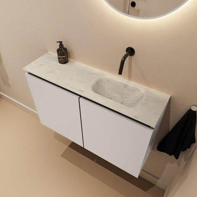 MONDIAZ TURE-DLUX Meuble de toilettes 80 cm Linen. Lavabo EDEN Opalo position droite. Sans trou de robinet.