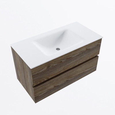 Mondiaz VICA ensemble de meuble de salle de bain - 90cm - meuble sous-vasque marron foncé gris - 2 tiroirs - lavabo nuage milieu - sans trous de robinet - version haute de 60cm - talc