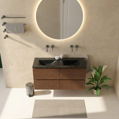 Saniclass Holz Atelier Ensemble de meubles de salle de bains - 120x45x62cm - Lavabo Vygo en céramique noir - 2 vasques - sans trous de robinetterie - 2 tiroirs - walnut pure mat (bois)
