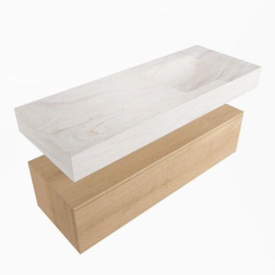 Mondiaz ALAN-DLUX Ensemble de meuble - 120cm - meuble Washed Oak mat - 1 tiroir - Lavabo Cloud Ostra suspendu - vasque Droite - 0 trous de robinet
