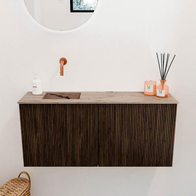 Mondiaz JOYA-DLUX 90cm toiletmeubel - kleur Walnut - Wastafel FAYE positie Links Zonder kraangat kleur Arena.