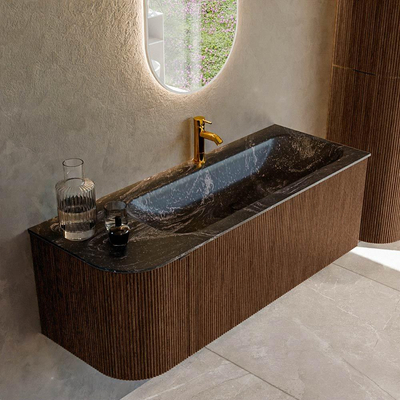 MONDIAZ KURVE-DLUX 125cm badmeubel met module 25 L kleur Walnut met 1 lade en 1 deur. Wastafel BIG MEDIUM rechts 1 kraangat kleur Lava.