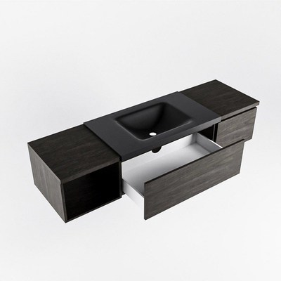 MONDIAZ BUKLA Meuble de salle de bains 160 cm avec module ouvert 40 à gauche couleur Dark Brown avec 2 tiroirs. Lavabo CLOUD central 1 trou de robinet couleur Urban.
