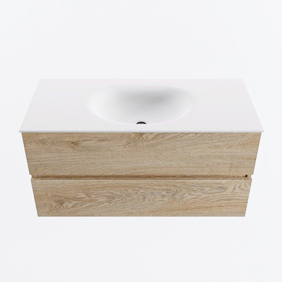 MONDIAZ VICA 100cm meuble sous lavabo Chêne blanchi 2 tiroirs. Lavabo MOON milieu 1 trou de robinet, couleur Talc.