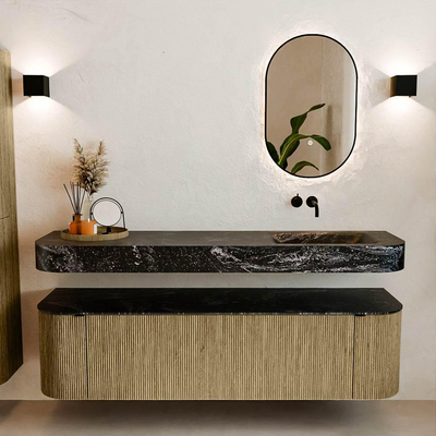 MONDIAZ THOR-DLUX Meuble de salle de bains - 170cm - arrondi gauche + droite - couleur Dusk - 1 tiroir et 2 portes - Vasque suspendue CLOUD Droite sans trou de robinet - couleur Lava