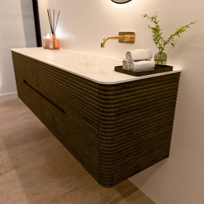 Mondiaz CIRO-DLUX Ensemble de meubles de salle de bains - 170x45x50cm - plan vasque Solid surface Opalo - 1 vasque à droite - sans trous de robinet - 4 tiroirs - Shadow