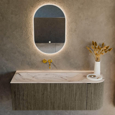 MONDIAZ KURVE-DLUX Meuble de salle de bains 125cm arrondi Droite couleur Shadow avec 1 tiroir et 1 porte. Lavabo BIG MEDIUM Gauche sans trou de robinet Nata.