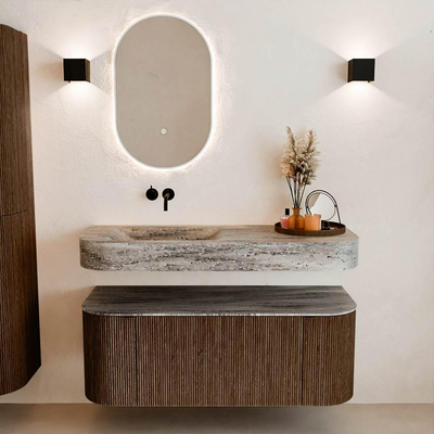 MONDIAZ THOR-DLUX 120cm badmeubel ronding links + rechts kleur Walnut met 1 lade en 2 deuren. Vrijhangende wastafel CLOUD Links zonder kraangat kleur Oza.
