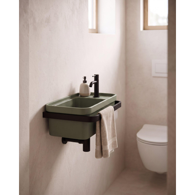 QeramiQ Élan Ensemble lave-mains - 45 × 27 cm - 1 trou de robinet - céramique - porte-serviettes - vert foncé mat