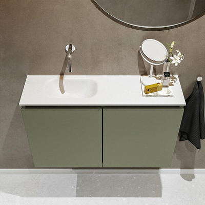 MONDIAZ TURE Toiletmeubel 80x23x50cm met 0 kraangaten 2 deuren army mat Wastafel Eden links Solid Surface Wit