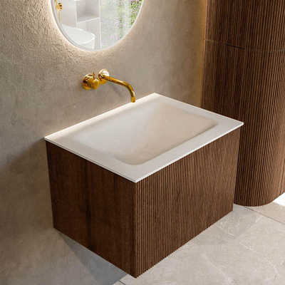 MONDIAZ KURVE 60cm badmeubel kleur Walnut met 1 lade. Wastafel CLOUD midden zonder kraangat Talc.