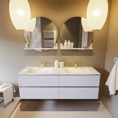 Mondiaz VICA-DLUX ensemble de meuble de salle de bain - 150cm - meuble sous-vasque cale - 4 tiroirs - lavabo encastré cloud double - 2 trous de robinet - version haute de 60cm - glace