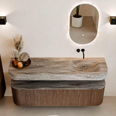 MONDIAZ THOR-DLUX 160cm badmeubel ronding links + rechts kleur Walnut met 1 lade en 2 deuren. Vrijhangende wastafel CLOUD Rechts zonder kraangat kleur Oza.