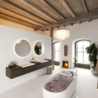 MONDIAZ BUKLA 240cm ensemble de meuble avec module 40 couleur Marron Foncé avec 5 tiroirs. Lavabo CLOUD double 0 trou de robinet couleur Talc.