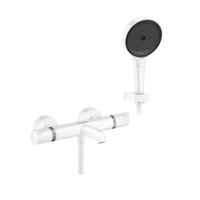 Hansgrohe Ecostat comfort badthermostaat mat wit met Rainfinity badset m. PowderRain 130 3jet handdouche met wandhouder met doucheslang 125cm mat wit SHOWROOMMODEL