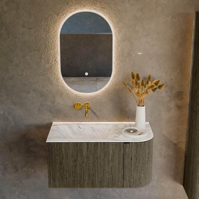 Mondiaz KURVE-DLUX Ensemble de meuble de salle de bains - 85x46x40cm - 1 tiroir - 1 porte - lavabo solid surface - gauche - sans trou de robinet - Shadow