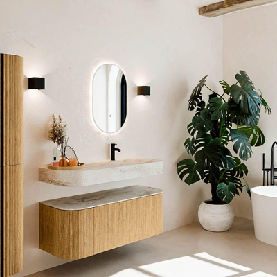 MONDIAZ THOR-DLUX Meuble de salle de bains 120cm arrondi gauche + droite couleur Oak avec 1 tiroir et 2 portes. Vasque suspendue CLOUD Droite 1 trou de robinet couleur Frappe.