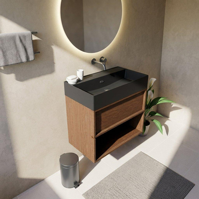 Saniclass Holz Frame Ensemble de meubles de salle de bains - 80x45x72cm - Lavabo Legend en céramique noir mat - 1 vasque - sans trou de robinetterie - 2 tiroirs - walnut pure mat (bois)