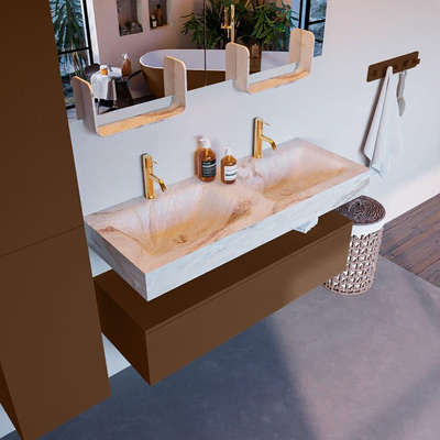 Mondiaz ALAN-DLUX Ensemble de meuble - 120cm - meuble Rust mat - 1 tiroir - Lavabo Cloud Frappe suspendu - vasque Gauche et droite - 2 trous de robinet