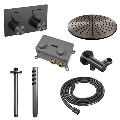 BRAUER gunmetal Edition Douche de pluie thermostatique encastrée - boutons-poussoirs - SET 54 - pomme de douche 30cm - bras de plafond - douchette à main stick - flexible de douche - coude de raccordement mural - gunmetal brossé PVD
