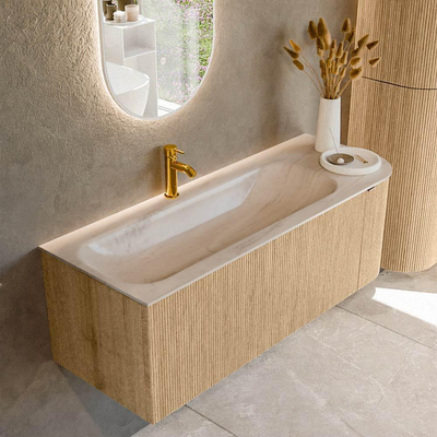 MONDIAZ KURVE-DLUX 125cm badmeubel ronding Rechts kleur Oak met 1 lade en 1 deur. Wastafel BIG MEDIUM Links 1 kraangat Meli.