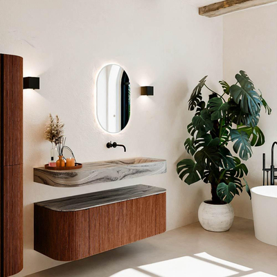 MONDIAZ THOR-DLUX 130cm meuble de salle de bains arrondi gauche + droite couleur Ruby avec 1 tiroir et 2 portes. Vasque suspendue CLOUD Droite sans trou de robinet couleur Sombra.