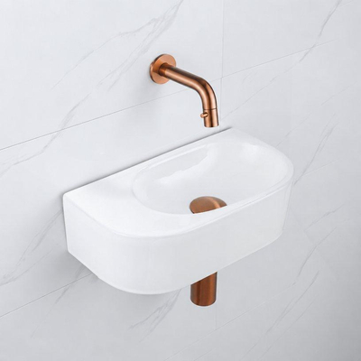 QeramiQ Fuente fonteinset – halfrond – 40x21.5x12 cm – keramiek wit glans – geborsteld koperen kraan