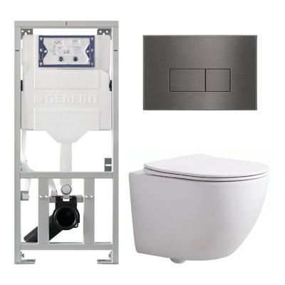 Pack WC QeramiQ Dely Swirl Compact - réservoir encastrable Geberit UP320 - avec bâti-support Burda - abattant slim - plaque de commande en métal gunmetal - boutons rectangulaires - blanc mat