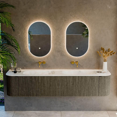 Mondiaz KURVE-DLUX Badkamermeubelset - 200x46x40cm - 2 lade - 2 deuren - wastafel solid surface - dubbel - zonder kraangat - Shadow