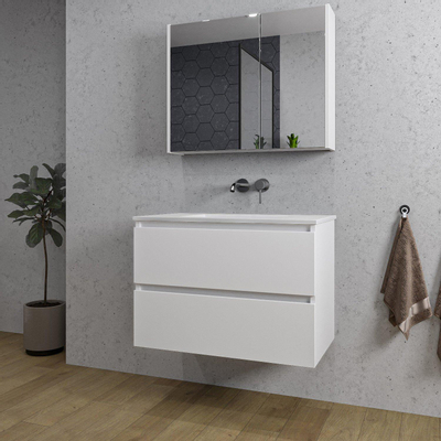 Saniclass Chaci Meuble de salle de bain - 80x46x55cm - lavabo en céramique blanc - 1 vasque - sans trous de robinet - 2 tiroirs - armoire miroir - blanc mat