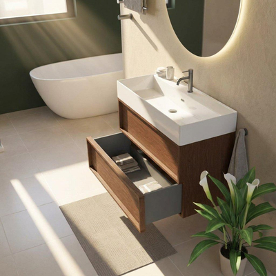 Saniclass Holz Frame Ensemble meuble de salle de bains - 100x45x72cm - lavabo Legend en céramique blanc - 1 vasque - 1 trou de robinet - 2 tiroirs - walnut pure mat (bois)
