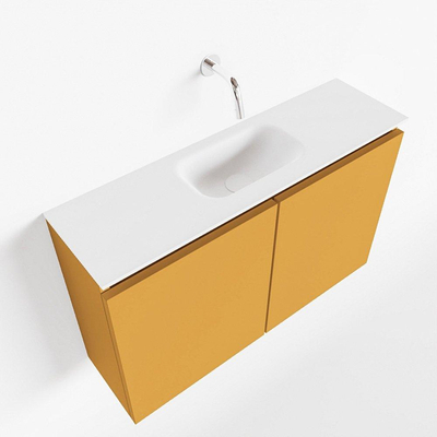 MONDIAZ TURE Toiletmeubel 80x23x50cm met 0 kraangaten 2 deuren ocher mat Wastafel Eden midden Solid Surface Wit