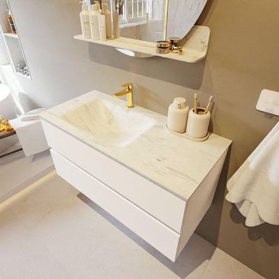 Mondiaz VICA-DLUX ensemble de meuble de salle de bain - 100cm - meuble sous lavabo talc - 2 tiroirs - lavabo encastré cloud gauche - 1 trou de robinet - version haute de 60cm - opalo