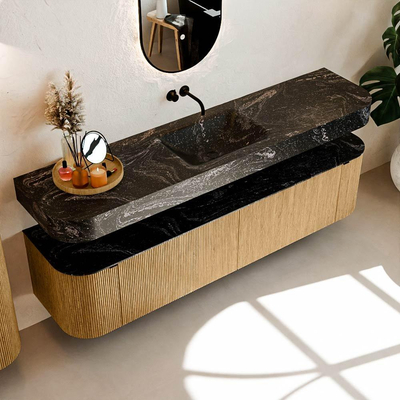 MONDIAZ THOR-DLUX Meuble de salle de bains - 190cm - arrondi gauche + droite - couleur Oak - 2 tiroirs - 2 portes - Vasque suspendue CLOUD Milieu sans trou de robinet - couleur Lava