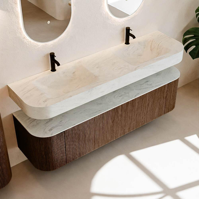 MONDIAZ THOR-DLUX Meuble de salle de bains - 170cm - arrondi gauche + droite - couleur Walnut - 1 tiroir et 2 portes - Lavabo suspendu CLOUD Double 2 trous de robinet - couleur Opalo