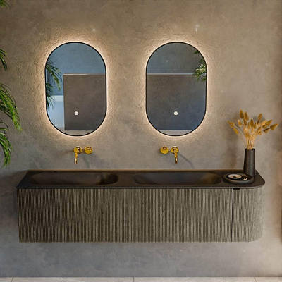 Mondiaz KURVE Ensemble de meubles de salle de bains - 175x46x40cm - 2 tiroirs - 1 porte - lavabo solid surface - double / gauche - sans trou de robinet - Shadow