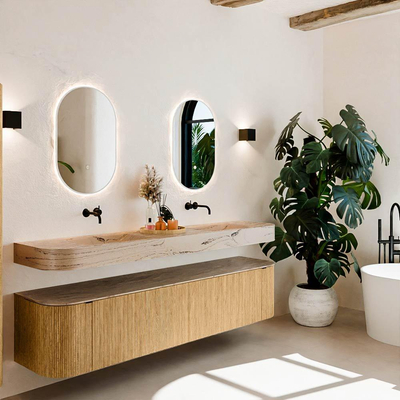 MONDIAZ THOR-DLUX 200cm meuble de salle de bains arrondi gauche + droite couleur Chêne avec 2 tiroirs et 2 portes. Vasque suspendue CLOUD Double sans trou de robinet couleur Arena.