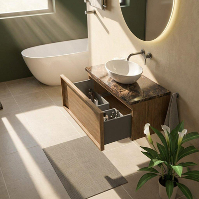 Saniclass Holz Frame Ensemble meuble de salle de bains - 100x45x43cm - plan en pierre naturelle Noche dark emperador - sans trou de robinet - 1 tiroir - chêne natural mat (bois)