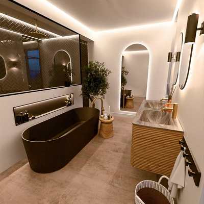 Mondiaz CIRO-DLUX Meuble de salle de bains - 130x45x50cm - Plan-vasque solid surface Sombra - 2 vasques double - 2 trous de robinet - 4 tiroirs - Chêne
