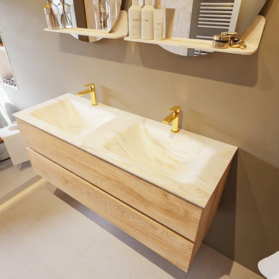 Mondiaz VICA-DLUX ensemble de meuble de salle de bain - 130cm - meuble sous-vasque chêne blanchi - 2 tiroirs - lavabo encastré cloud double - 2 trous de robinet - version haute de 60cm - ostra