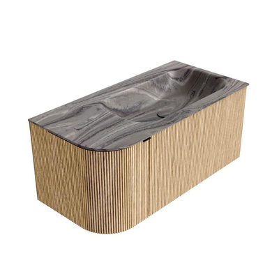 MONDIAZ KURVE-DLUX Meuble de salle de bains 95cm arrondi à gauche couleur Oak avec 1 tiroir et 1 porte. Lavabo BIG SMALL à droite sans trou de robinet Sombra.