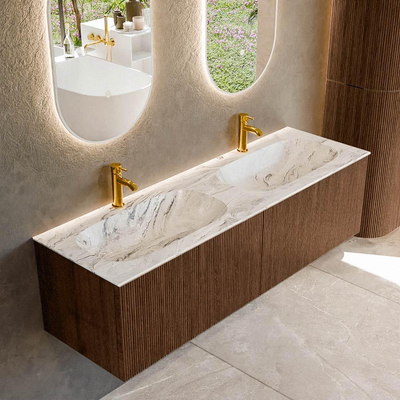 MONDIAZ KURVE-DLUX 150cm badmeubel kleur Walnut met 2 lades. Wastafel STOR SMALL dubbel 2 kraangaten kleur Glace.