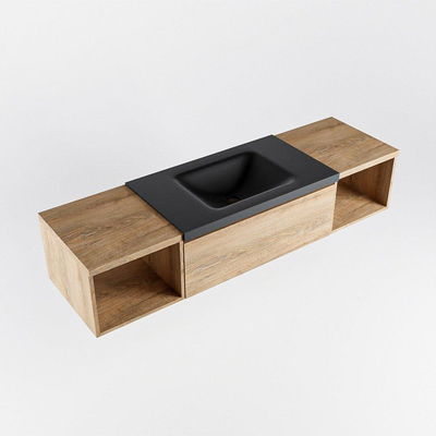 MONDIAZ BUKLA Meuble de salle de bains 160cm avec module ouvert 40 G+D couleur Washed Oak avec 1 tiroir. Lavabo CLOUD au centre 0 trou de robinet couleur Urban.