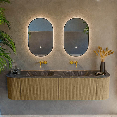 Mondiaz KURVE-DLUX Ensemble de meuble salle de bain - 180x46x40cm - 2 tiroirs - 2 portes - lavabo en solid surface - double - sans trou de robinet - Dusk