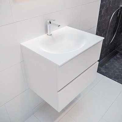 ENSEMBLE DE MEUBLE MONDIAZ VICA - 60cm - 2 tiroirs - lavabo Moon central - 1 trou de robinet - solid surface talc