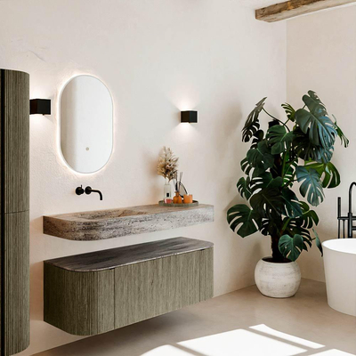 MONDIAZ THOR-DLUX Meuble de salle de bains 130cm arrondi gauche + droite couleur Shadow avec 1 tiroir et 2 portes. Vasque suspendue CLOUD Gauche sans trou de robinet couleur Oza.