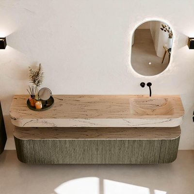 MONDIAZ THOR-DLUX Meuble de salle de bains - 200cm - arrondi gauche + droite - couleur Shadow - 2 tiroirs - 2 portes - Vasque suspendue CLOUD Droite sans trou de robinet - couleur Arena