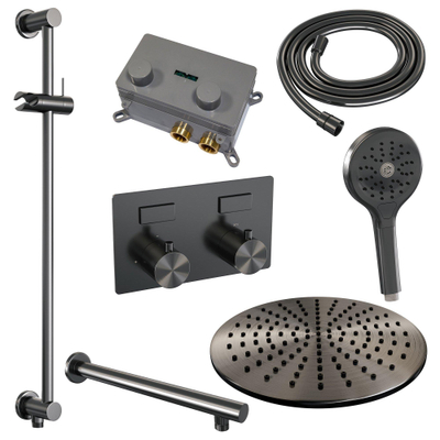 BRAUER Gunmetal Edition opbouw regendoucheset – Ø30 cm hoofddouche – 39.4 cm rechte wandarm – ronde handdouche – met omstel