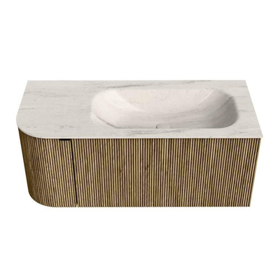 MONDIAZ KURVE-DLUX Meuble de salle de bains 105cm arrondi à gauche couleur Dusk avec 1 tiroir et 1 porte. Lavabo BIG SMALL à droite sans trou de robinet Meli.